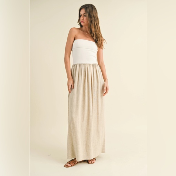 Miou Muse Linen/Ribbed Knitted Strapless Top Combo Dress - Picture 2 of 6